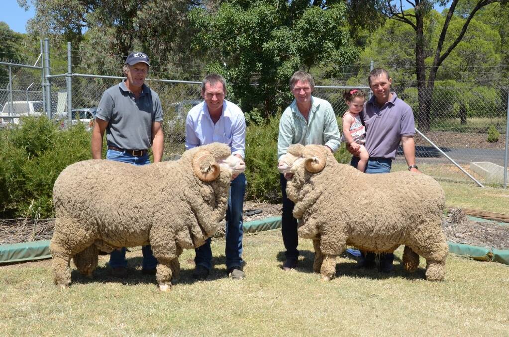 Demondrille stud, Harden gained equal top price of $3500. At left is the champion superfine ram purchased by Tony Roche, "Meroo", Gunning with the ram held by Andrew Davis. At right is the supreme champion ram held by Pat Davis while buyer Daniel McMahon, "Mulgrave", Triangle Flat, looks on with his daughter, Clare.
