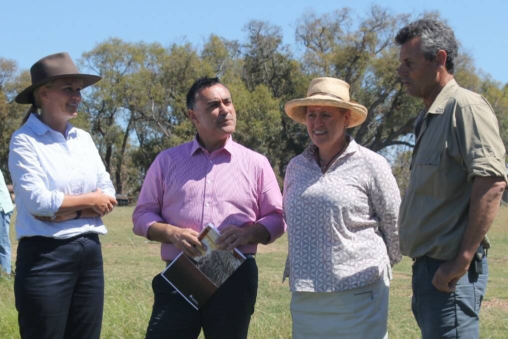 Primary Industries Minister Katrina Hodgkinson and Monaro MP John Barilaro (left) discuss the wool industry review with woolgrowers Sarah and Robert Hyles "Woodlands" Bungendore (right).