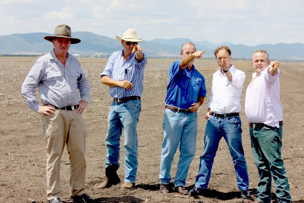 New England MP and Minister for Agriculture Barnaby Joyce, Caroona Coal Action Group members John Hamparsum and Andrew Pursehouse, Environment Minister Greg Hunt and Caroona Coal Action Group leader Tim Duddy. 