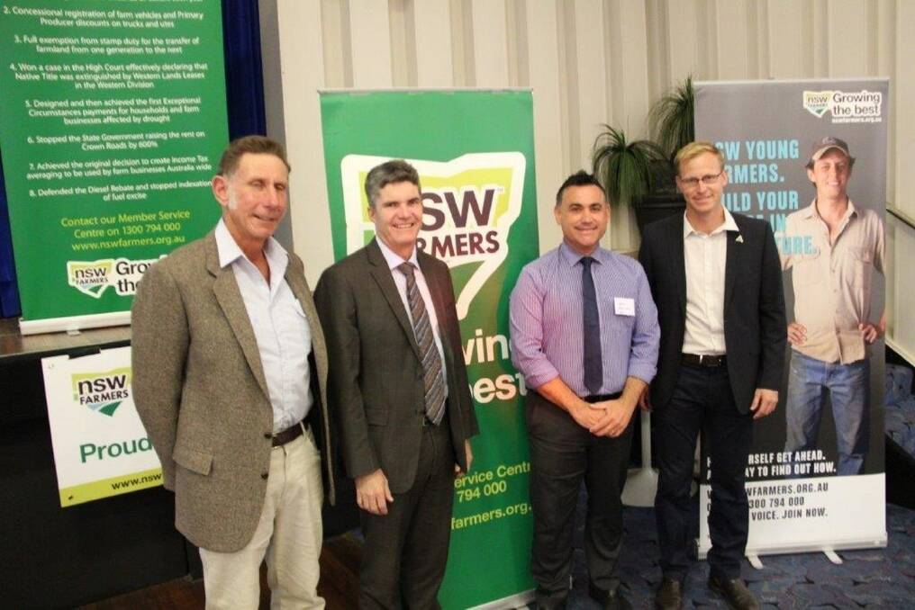 NSW Farmers district chairman Michael Green, Country Labor candidate Steve Whan, Nationals MP John Barilaro and Legislative Council candidate Justin Field.