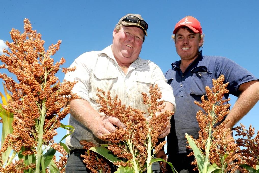 Alice Downs Farms staff Zach Ferguson, Moree, and Neil Barton, Bellata, are pictured in the company’s crop