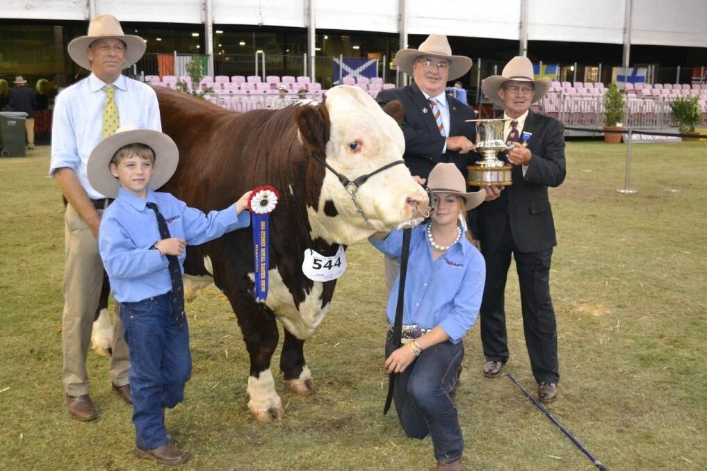 Pictured with the best Hereford exhibit are exhibitor Tom Holt, Tondara stud, Urana, Thomas Holt, also of Tondara, Herefords Australia director Ken Ikin, Bannister, judge Chris Knox, Coonabarabran, while Jordan Alexander, Bowral, holds the bull. 