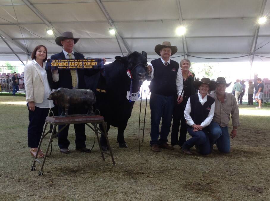 The team from Pine Creek Angus, Cowra, accept the best exhibit award for PC Kodiak 5R H130.