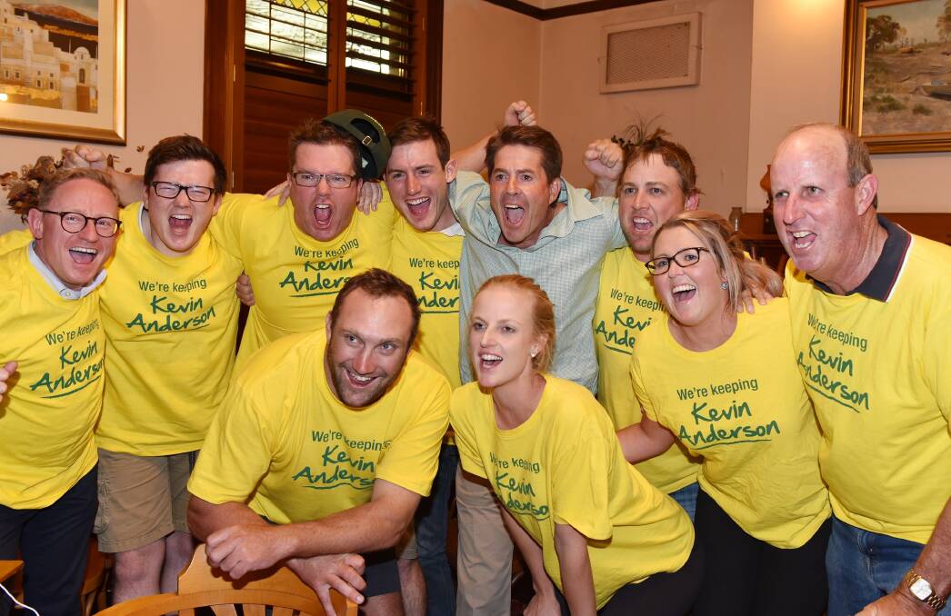 Kevin Anderson with supporters following his election win on Saturday. Back, left, NSW Nationals campaign director Ben Franklin, NSW Nationals deputy state director Tom Aubert, Ross Cadell, Julian Luke, Kevin Anderson, Terry Fleeton, Sarah Hubbard, "South Wandobah", Spring Ridge, and NSW Nationals state chairman Bede Burke, "Glendon", Winton. Front, Scott Barrett and Gill Burke.Photo: Northern D