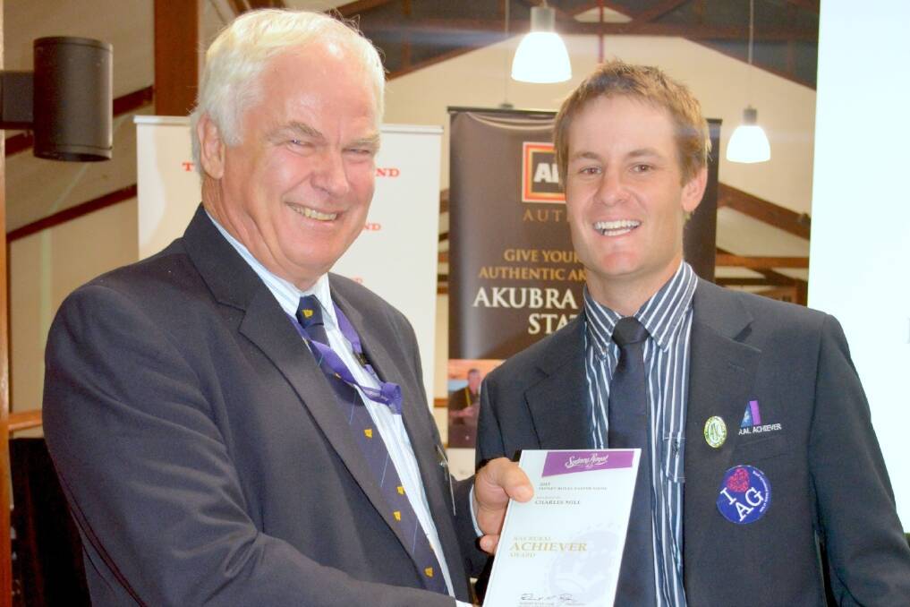 Rural Achiever judge and Agricultural Societies Council of NSW president, Tim O’Brien, Goonumbla via Parkes, with the 2015 NSW Rural Ambassador, Charles, Mill, Delungra.