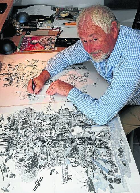 RIGHT:?Yarralumla, ACT, artist Jim Kaucz at his home studio, working on a pen and ink poster, depicting scenes from the First World War. Photo: Graham Tidy.