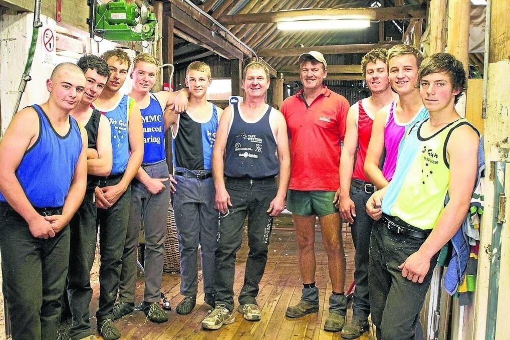 Marshall Andrews, Tom Hurley, Kristoffer Halls, Jacob Carmody, William Stanley, Ian Elkins (instructor) Bill Stanley (manager, “Burrowa Hills”, Galong) Dominic Parkman, Mark Veness and Brody Tiyce at the shearing and wool handling school conducted at “Burrowa Hills”, Galong. Photo: Natalie Tarry Personality Plus Photography.