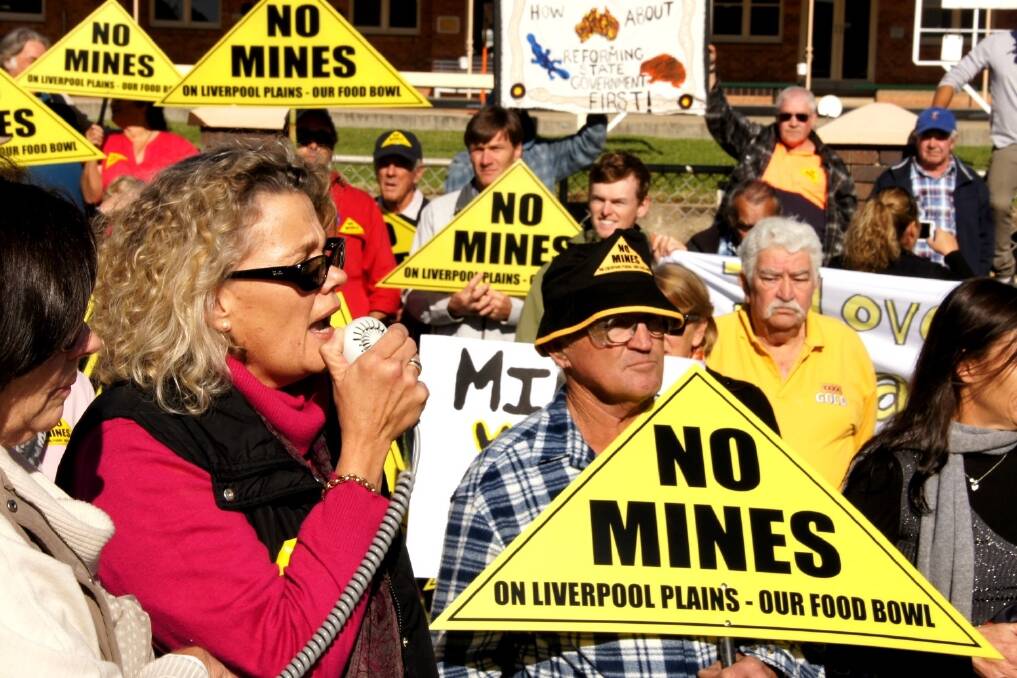 NSW Farmers president Fiona Simson addressing a protest march against Shenhua's Watermark mine at Gunnedah.