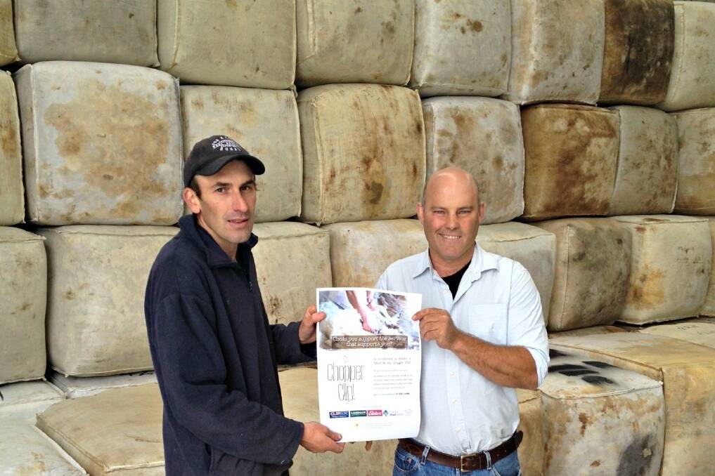 Matt Wilkinson, Fox and Lillie Rural, Uralla, with New England North West helicopter committee member and New England wool grower Hamish McLaren, "Nerstane", Woolbrook.