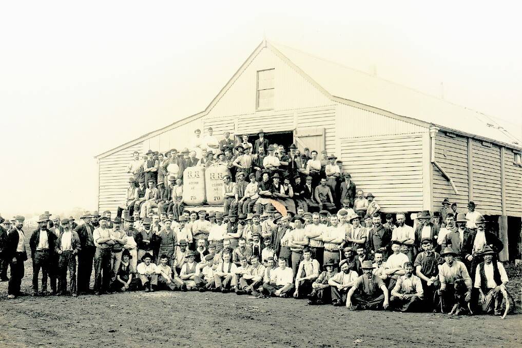 Shearers pose for a photograph at the 75-sand woolshed at in about 1900, when shearing more than 10,000 sheep was the order of the day.