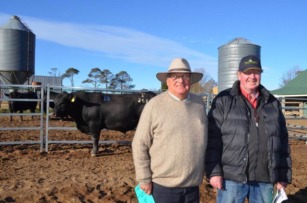 Dulverton Angus stud principal Greg Chappell and Dick Whale, Independent Breeding and Marketing Services, Wangaratta, Victoria, who purchased on behalf of Mark and Anna Gubbins, Coolana Angus, "Coolana", Chatsworth, Victoria, with the top-priced bull which sold for $15,000.