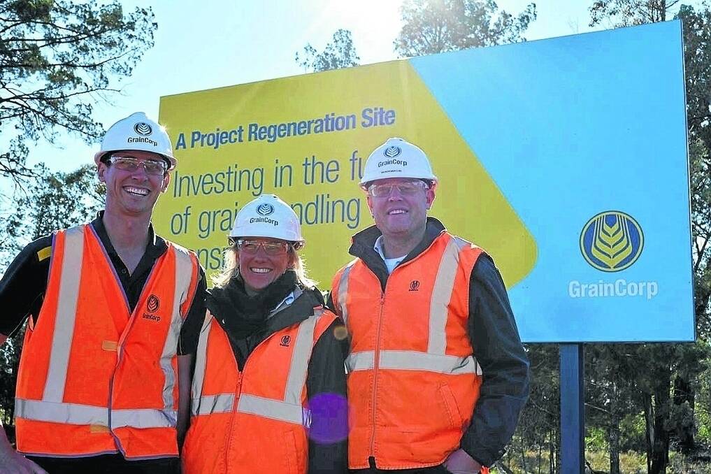 Project manager Tyler Cleary; regional manager for southern NSW Sarah Roche, and operations manager for southern NSW Warwick Smith, at the new GrainCorp site at Calleen near West Wyalong.