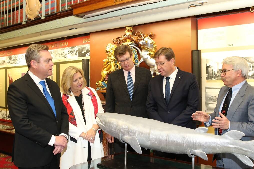 Industry, Resources and Energy  Minister Anthony Roberts, Australian Museum chief executive and director Kim McKay,  Orange MP Andrew Gee, Deputy Premier and Arts Minister Troy Grant, and Dr Ian Percival from the Geological Survey of NSW.