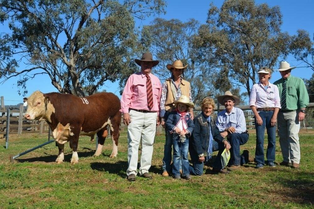 Elders stud stock, Brain Kennedy Armidale, Jane Shelley- Vickery with daughter Mollie (in front), kneeling is Pam Shelley, Kaludah Herefords, Cooma who purchased the top priced bull with principal Jim and Sue Gunn and Landmark NSW livestock manager John Settree, Dubbo.
