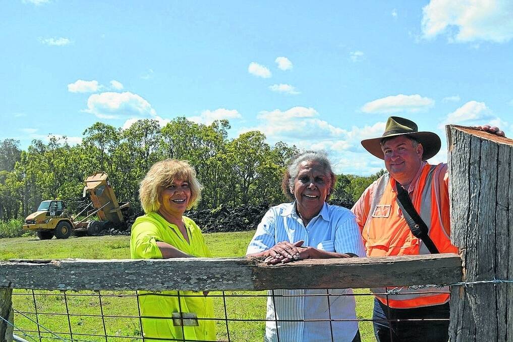 Casino Boolangle Local Aboriginal Land Council chairwoman Leila Walker and chief executive officer Paula Coghill with Casino Rail Freight Terminal managing director Phillip Imrie at the site where work has started on the multi-million dollar rail line.