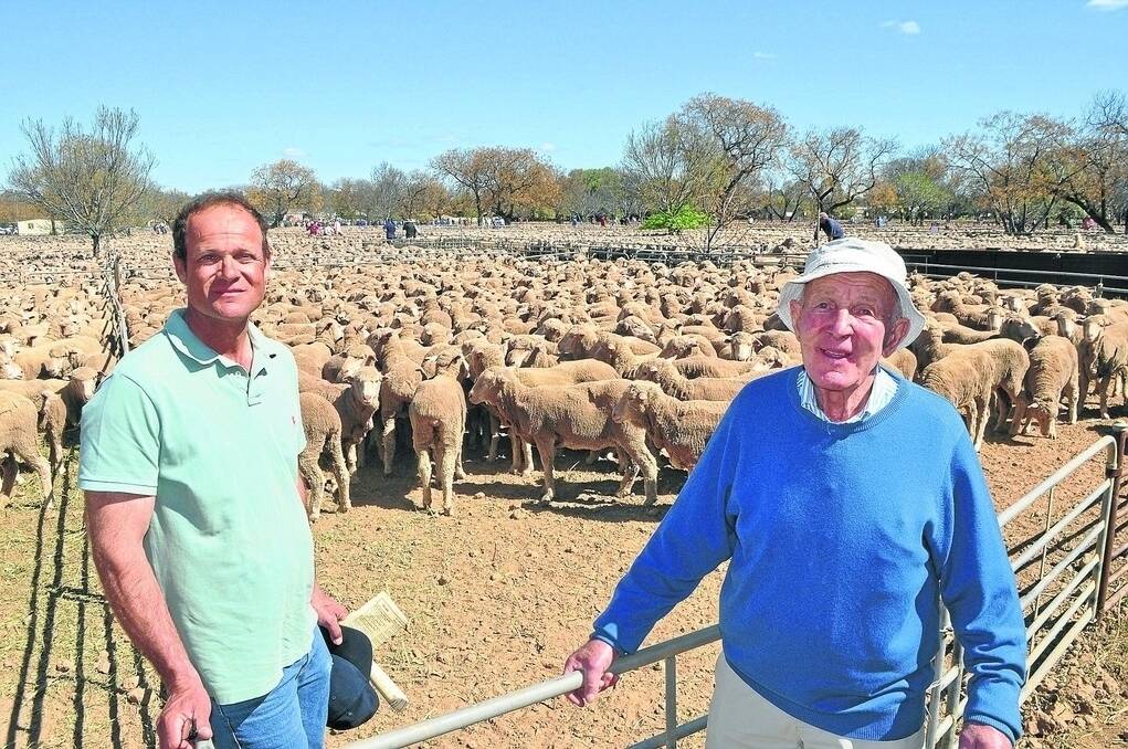 Father and son duo Neil and Nick McKindlay, "Mooloomoon", Moulamein, sold 415 Goolgumbla-blood Merino ewes for $212. The ewes were June 2014-drop and July shorn.