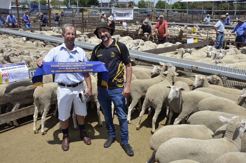 Judge of the best-presented pen at the Naracoorte first-cross ewe lamb sale Alan Schinckel, Leenala, Naracoorte presenting the award to Duane Simon, McMahon Bros, Lameroo.