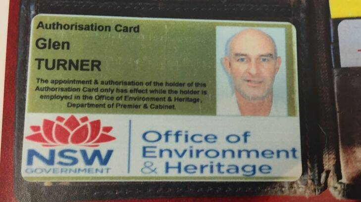 Crime scene exhibits in the trial of R v Ian Turnbull for the murder of Glen Turner. PHOTOGRAPH 348.... View showing the NSW office of Environment and Heritage authorisation card in the name of Glen Turner.
