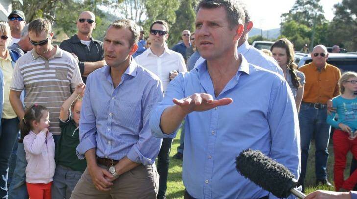 NSW Premier Mike Baird (near microphone) and Planning Minister Rob Stokes during a visit to the Hunter Valley in 2015. Photo: Marina Neil 