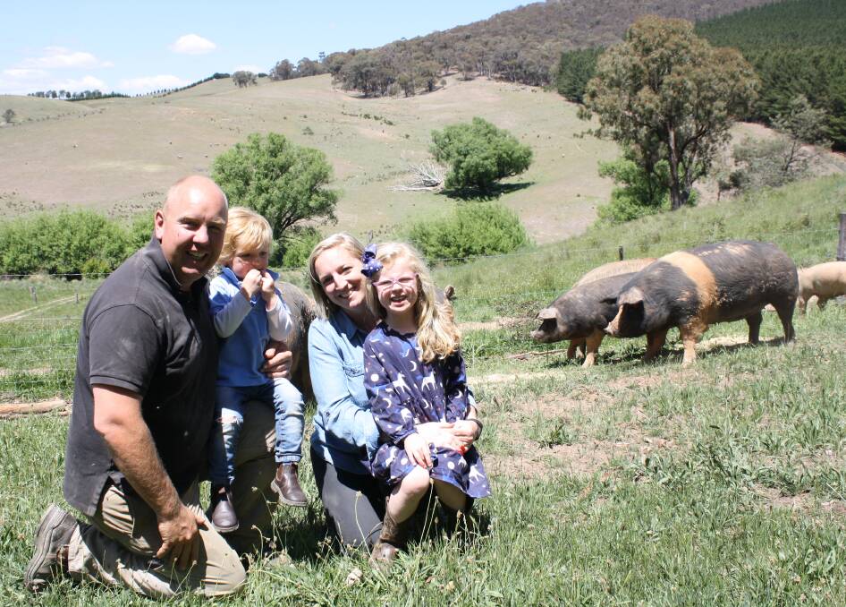 Chris and Bernice Kelly, with their children, Joe, 2, and Audrey, 4, grow free range pork at Crack Willow Farm, Oberon. Their free range pigs are free to roam in bushland and pasture, as well as enjoying a wallow in the mud.