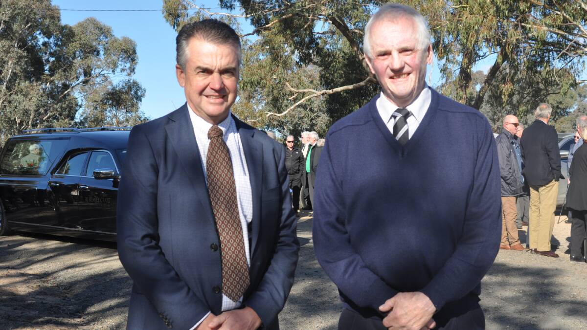 Friends pay their respects: Australian Wool Network NSW/QLD manager Mark Hedley and former Goulburn wool seller Ray Moroney at the funeral service.