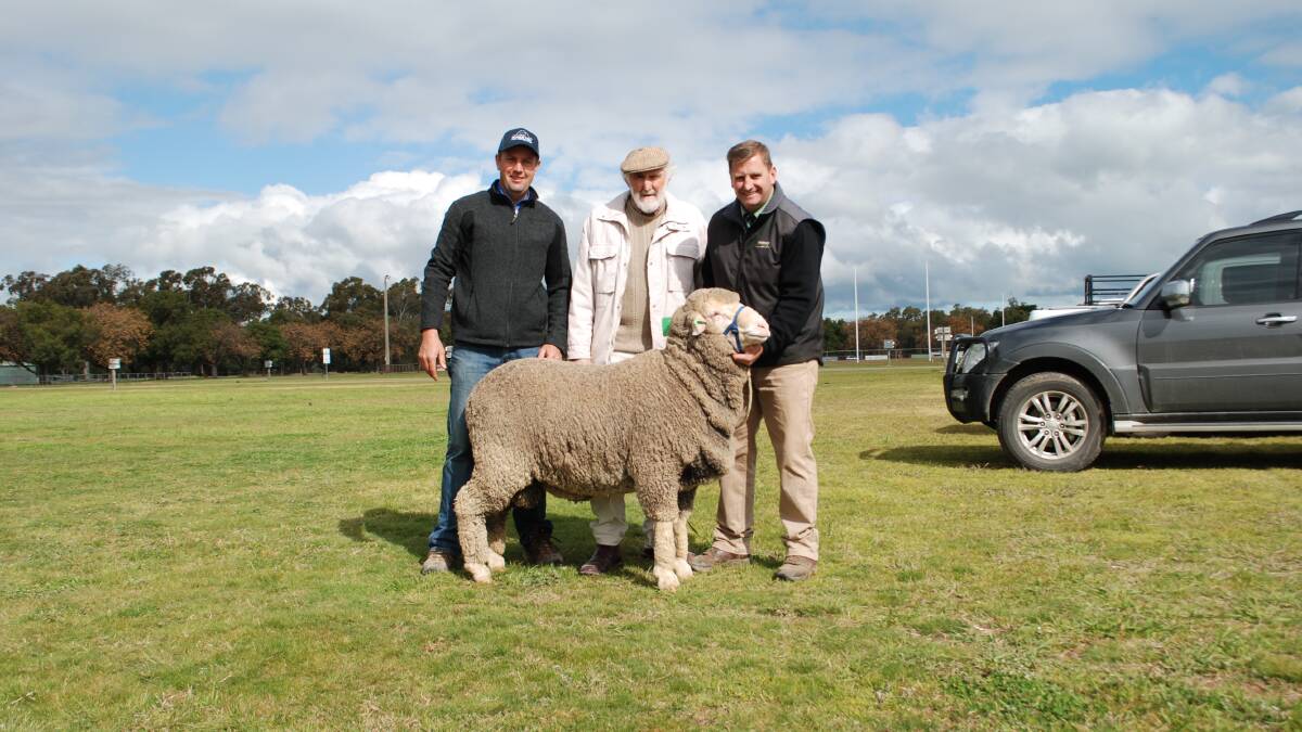 Simon Bahr, Meadow View Poll Merinos, with top price buyer, Winston McDonald, Wallendbeen, and Landmark's Rick Power with top the $5000 top selling ram.
