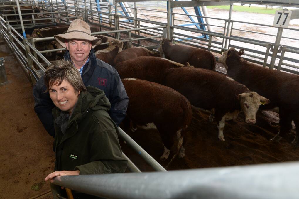 Scott and Julie Reid, "Bindiwalla", Forbes, sold seven grainfed Hereford heifers for 314 cents a kilogram at Forbes prime sale on Monday.