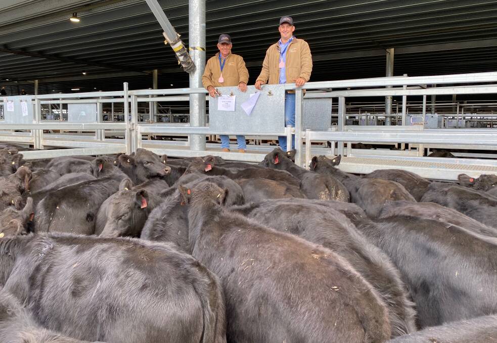 Bill and Rory Brien, Allan Gray and Company, Cowra, with a pen of 46 Angus weaners weighing 257 kilograms from M and K Fenton which sold for $1280 at the CTLX Carcoar Autumn Weaner sale on Friday.