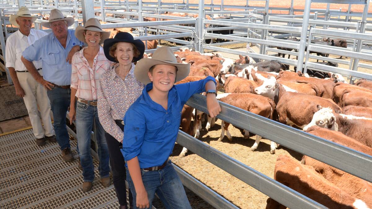 Tony and Anne Bishop, "Myrabluan", Dunnan via Scone with their daughter, Sarah Stanford, grandson, Angus, 12, and Christie and Hood agent, Bill Tatt, selling a total of 118 Wootton-blood Herefords at the Dubbo sale last Friday.