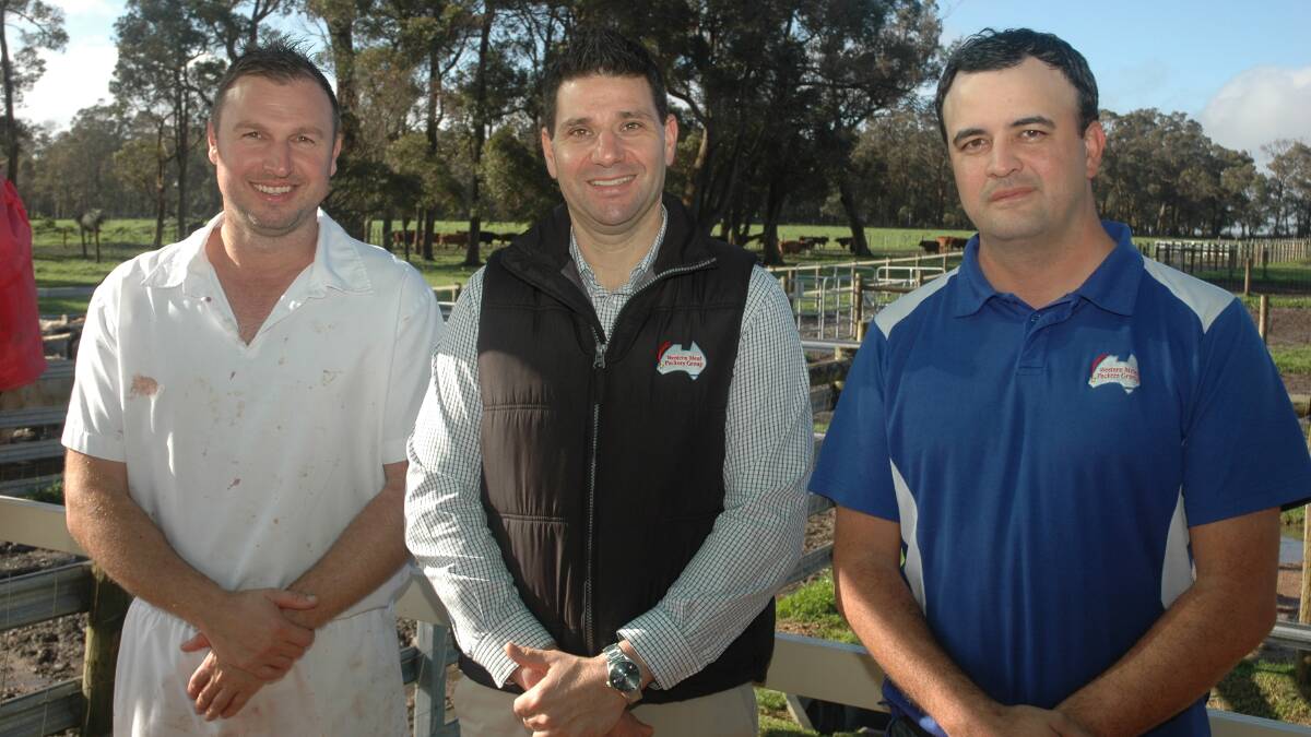 Western Meat Packers Group’s Margaret River abattoir general manager Jamie Warburton, WMPG chief executive officer Andrew Fuda and WMPG Margaret River abattoir QA manager Gareth McQuillan.
