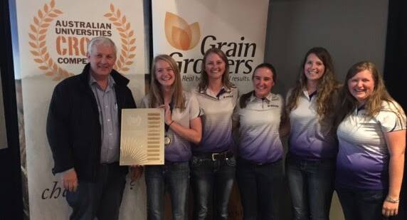 The all-girl Kansas State University team were awarded first place in the team category of the Australian Universities Crops Competition. They are congratulated by GrainGrowers general manager Dr Michael Southan.