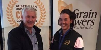 Australian Universities Crops Competition winner University of Sydney student Nellie Evans congratulated by GrainGrowers general manager Dr Michael Southan.