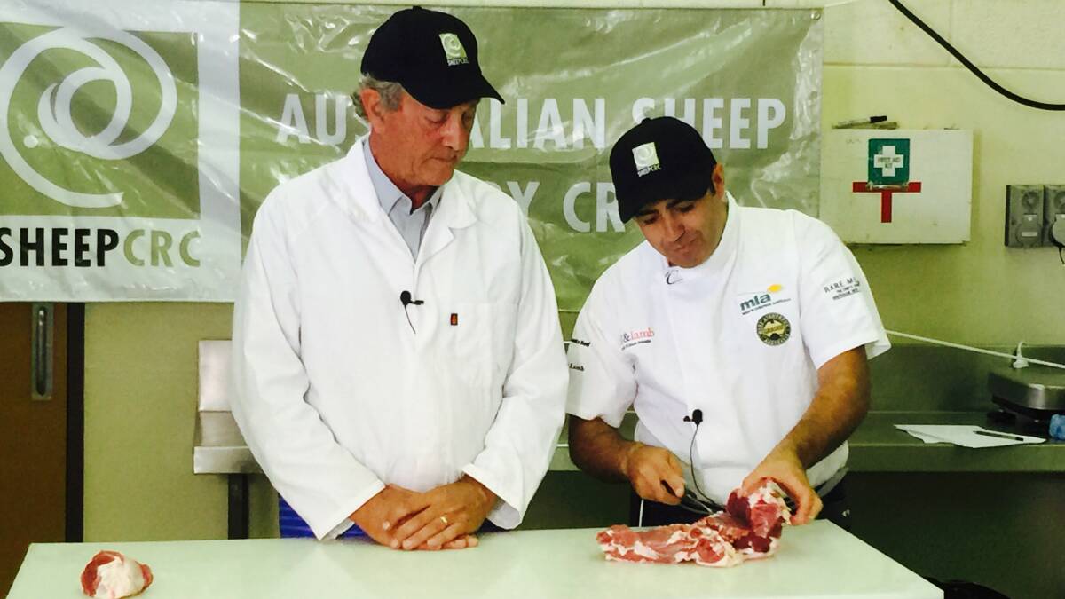 CARVED UP: Professor Dave Pethick, Meat Quality Program Leader with Sheep CRC, and specialist butcher Rafael Ramirez, feature in the YouTube video ‘Lamb leg secrets with the Butcher and the Doc’.