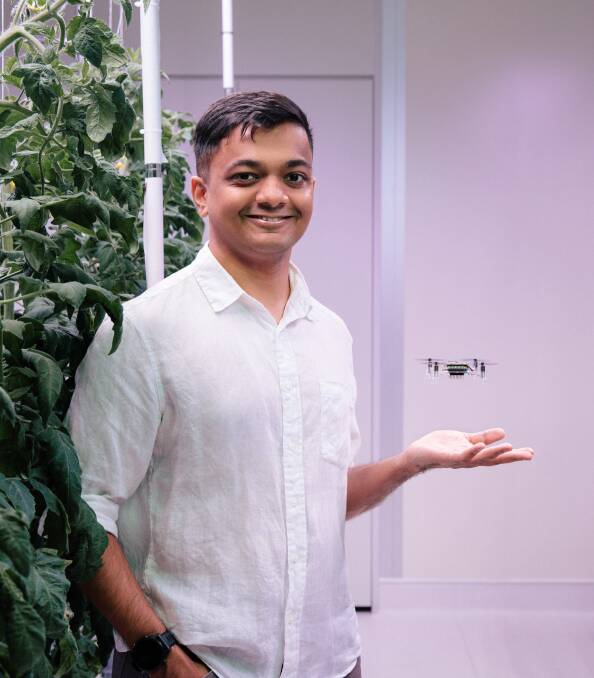Polybee chief executive Siddharth Jadhav with the microdrone that could help solve Australias glasshouse pollination problem. Photo: Hort Innovation
