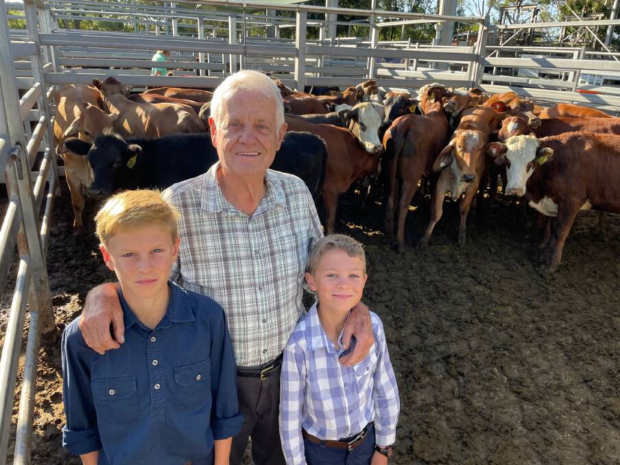 Don Ward, Moorland, with his grandchildren Aaron, 13, and Ruben, 10, sold 42 Brahman-cross cattle to a top of 322.2c/kg at Kempsey weaner sale last Thursday. Picture by Samantha Townsend .