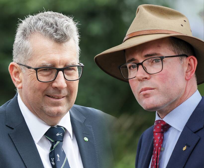 Federal Water Minister Keith Pitt and NSW Agriculture Minister Adam Marshall have said the money is on the table for the EWIR scheme, but there is still no date for its release. Photos: Sitthixay Ditthavong and Lucy Kinbacher