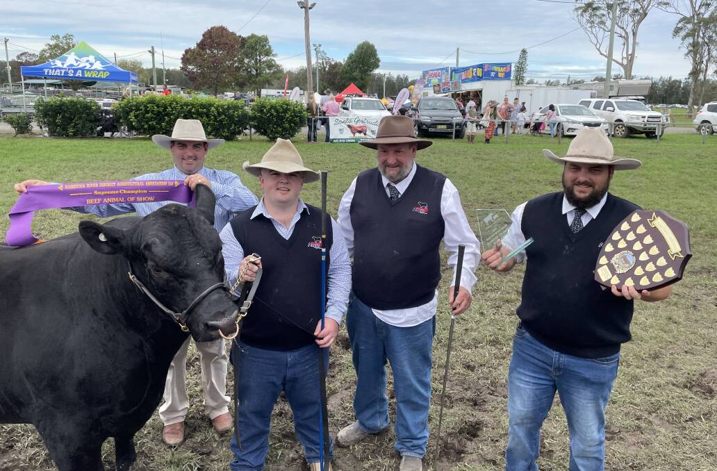 Macksville Show judge Sam Martin with Ryan Brady, Greg Hughes and Curtis Endycott from Four O Eight Angus, Macksville who took out supreme champion beef animal of show Photos: Samantha Townsend 