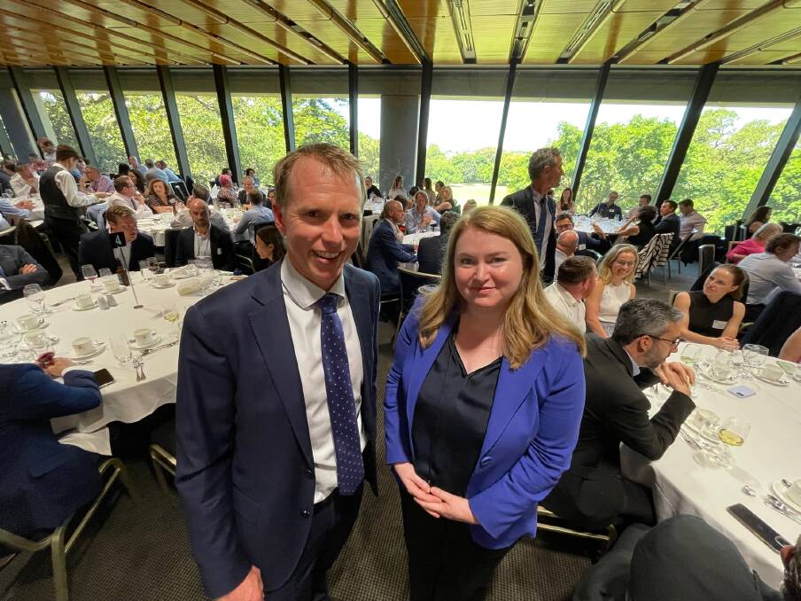 Farm Writers' Association of NSW president George Hardy and Agriculture Minister Tara Moriarty at Parliament House on Tuesday. Picture by Samantha Townsend 