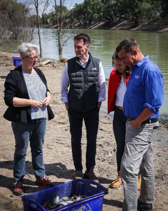 NSW Premier Chris Minns with newly elected Environment Minister Penny Sharpe and Barwon MP Roy Butler in Menindee discussing the massive fish kill on the Darling River. Photo: Supplied