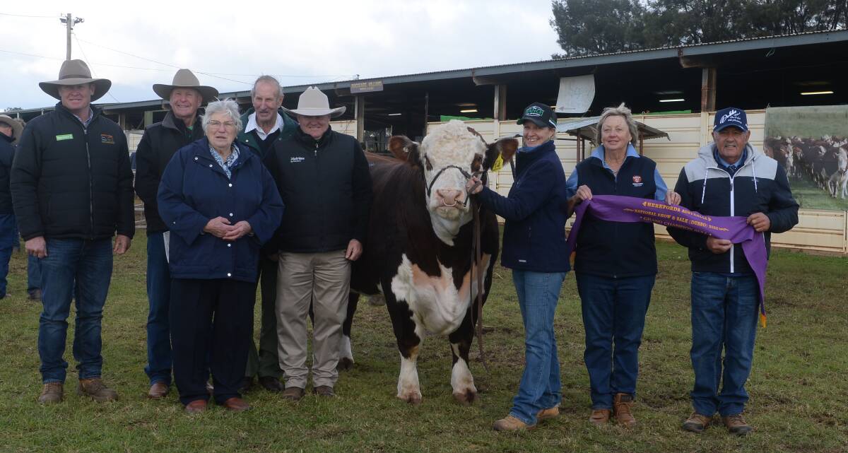 The $120,000 bull with buyers Stephen Peake and David and Olwyn Lyons, Nutrien's Howard Carter and John Settree, and vendors Emma, Del and Greg Rees. 