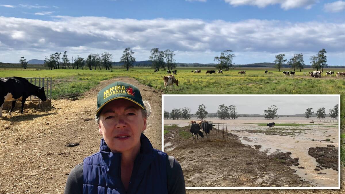 Belmore River dairy farmer Sue McGinn on the feed pad at her property, which was under water six months ago. Photo: Samantha Townsend/Sue McGinn