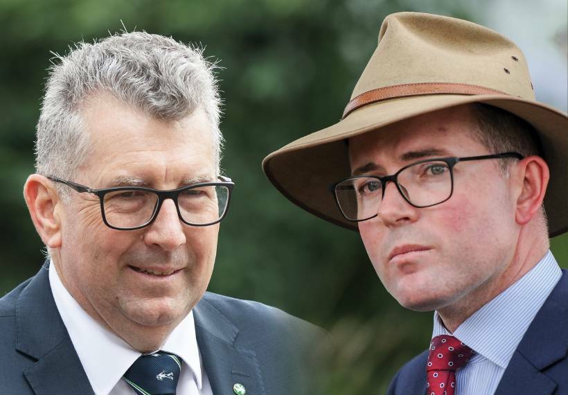 Federal Water Minister Keith Pitt and NSW Agriculture Minister Adam Marshall have said the money is on the table for the EWIR scheme, but there is still no date for its release. Photos: Sitthixay Ditthavong and Lucy Kinbacher