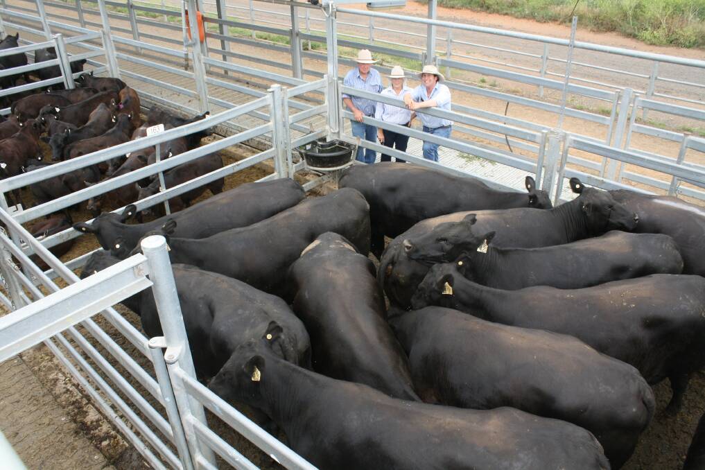 Vendors Ron Kent and Janelle Smith, Neilrex, with auctioneer Justin Sanderson, Richardson and Sinclair, Dubbo, and Angus cows with calves which sold to $4200/unit. 