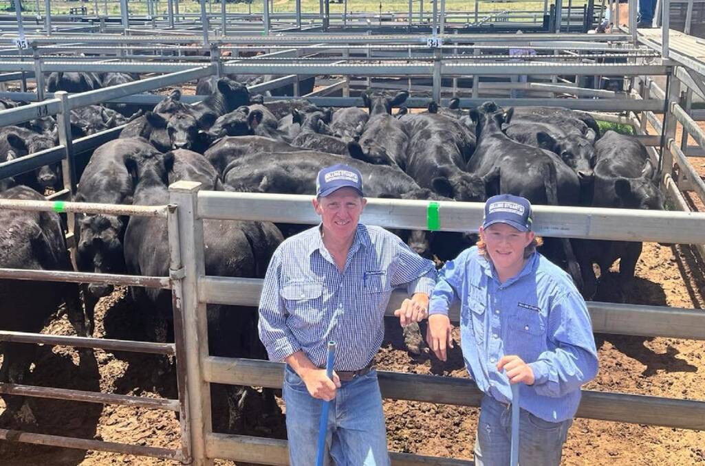 Agent Jamie Stuart of Milling Stuart, with Charlie Stuart and six to eight month-old Angus steers sold by David Saxelby, Mendooran, to $2420/hd.