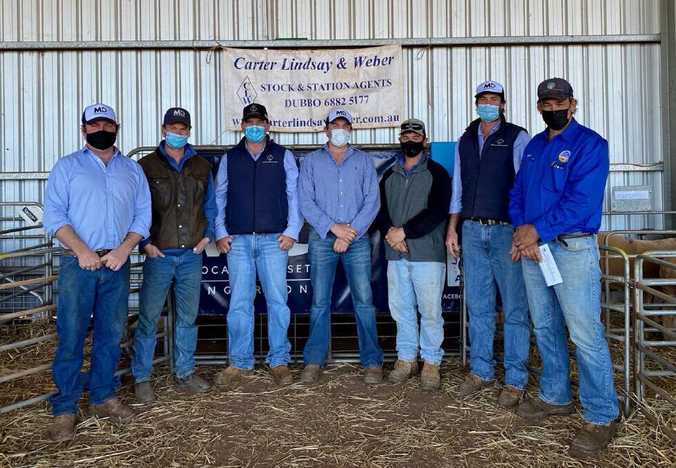 Vendor Angus Kelly, Tom Sutherland, CLW agent and auctioneer, John Lindsay, vendor Alistair Kelly, Matt Whale, CLW agent Shaun McHugh and Brad Tink. 