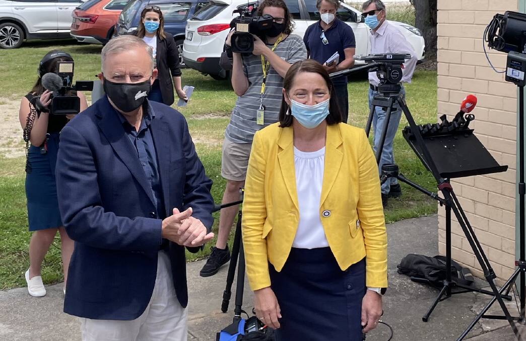 Leader of the Opposition Anthony Albanese and Labor Member For Gilmore Fiona Phillips outside Moruya RFS on Thursday. Picture: AAP