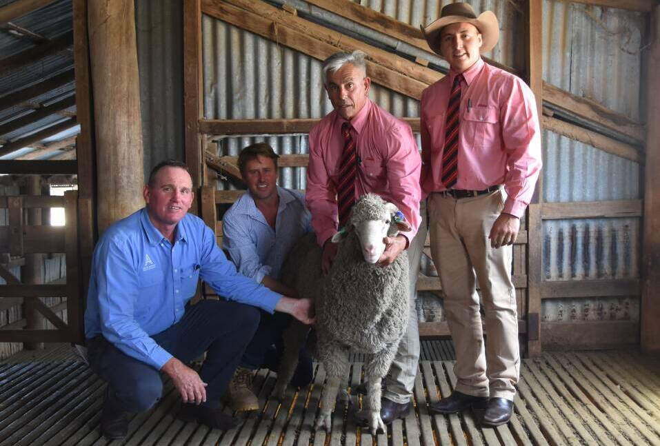 Nick Hall, Adcock Partners, with Jock Nivison, Yalgoo, and Tom Henry and Lincoln Mckinlay from Elders, and the $9000 top-priced ram.