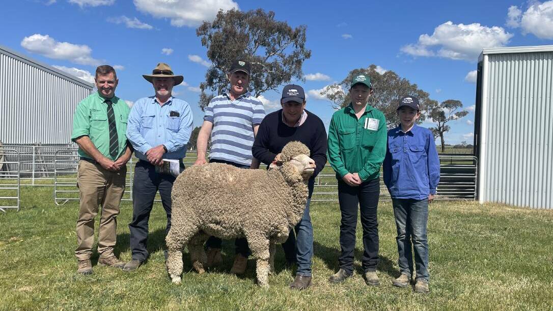 Rick Power, Nutrien, Ben Litchfield, SBBL, Cooma, Richard Blyton, Nimmitabel, with Mick, Toby and Hugh Corkhill, Grassy Creek, and the top-priced $10,000 ram.