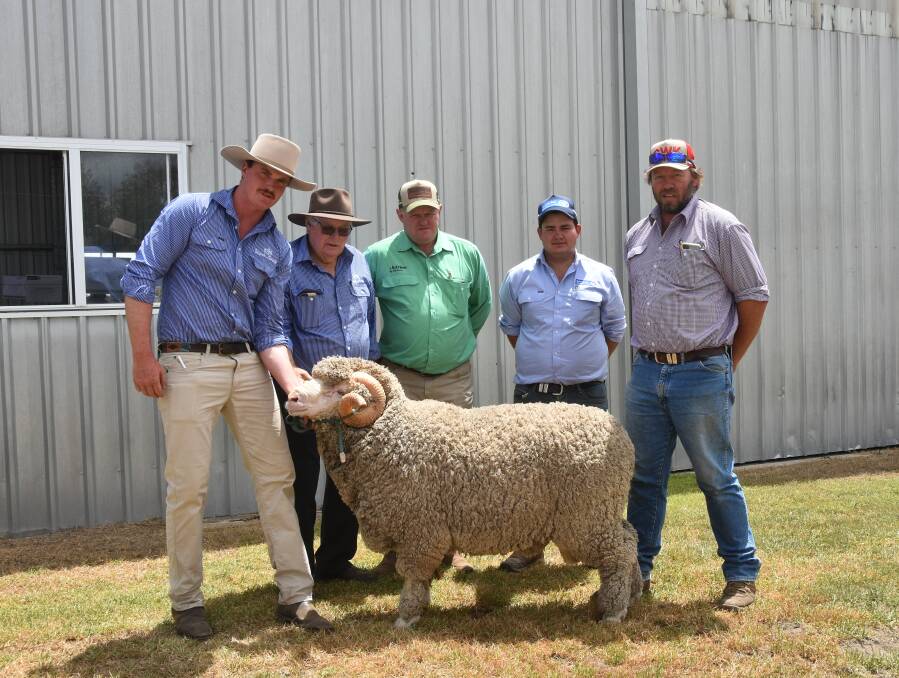 William Church and Leo Blanch, Westvale, with John Settree, Nutrien, and Adam Nordstrom, Schute Bell Badgery Lumby, alongside the top-priced ram buyer John Woods, Guyra.