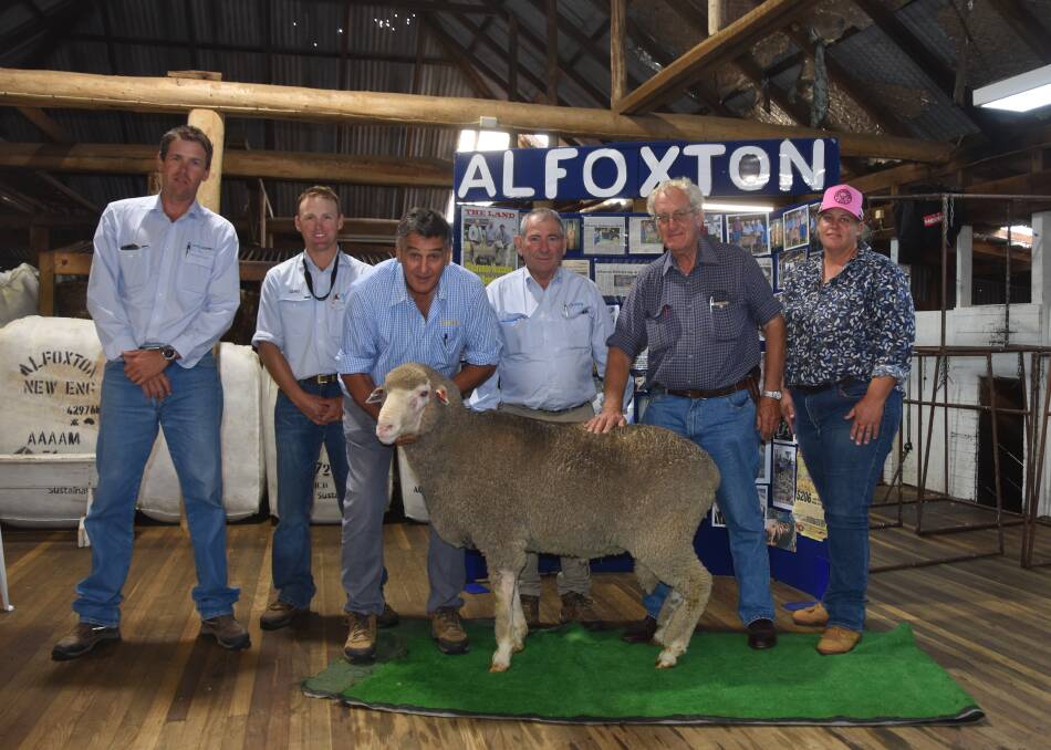 Robbie Bloch and Theo Golding, AWN Squires, Inverell, with Chris Clonan, Alfoxton, and Harold Manttan, AWN, alongside top buyers Ian Uebergang and Kate Cutler, Oakhurst Partnership, North Star.